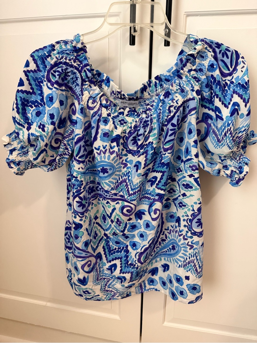 Periwinkle Blue and White Paisley Off-Shoulder Blouse